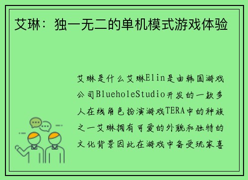 艾琳：独一无二的单机模式游戏体验